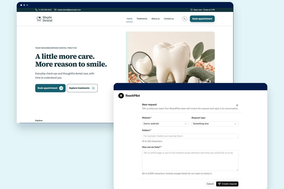 ReachPilot product screens: an example business website and the customer portal request form.