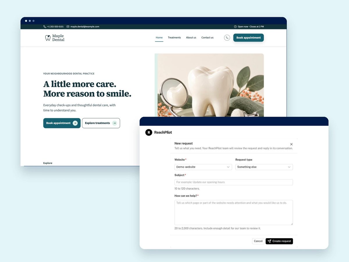 ReachPilot product screens: an example business website and the customer portal request form.