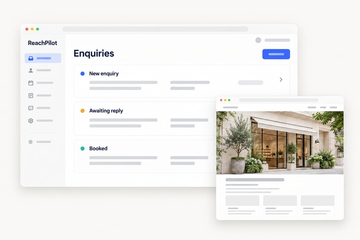 Illustrative ReachPilot website and customer enquiry dashboard.