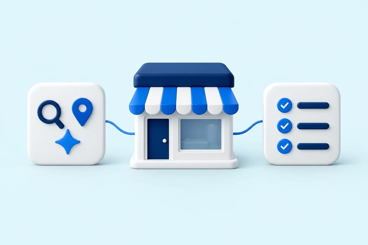 Local visibility illustration: a storefront connected to search, map and business information symbols.